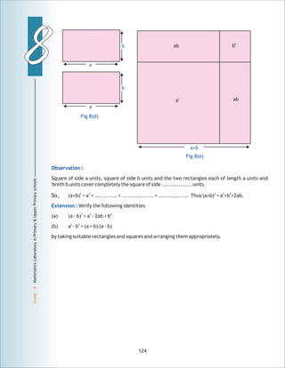 88
Grade:8-MathmaticsLaboratoryinPrimary&UpperPrimaryschools
ab
2
b
2
a ab
a+b
Observation :
Extension :
Square of side a units, square of side b units and the two rectangles each of length a units and
breth b units cover completely the square of side ................ units.
2 2 2 2 2
So, (a+b) = a + ............ + ................. = ................ Thus (a+b) = a +b +2ab.
Verify the following identities
2 2 2
(a) (a - b) = a - 2ab + b
2 2
(b) a - b = (a + b) (a - b)
by taking suitable rectangles and squares and arranging them appropriately.
124
a
b
Fig 8(d)
a
b
Fig 8(e)
 
