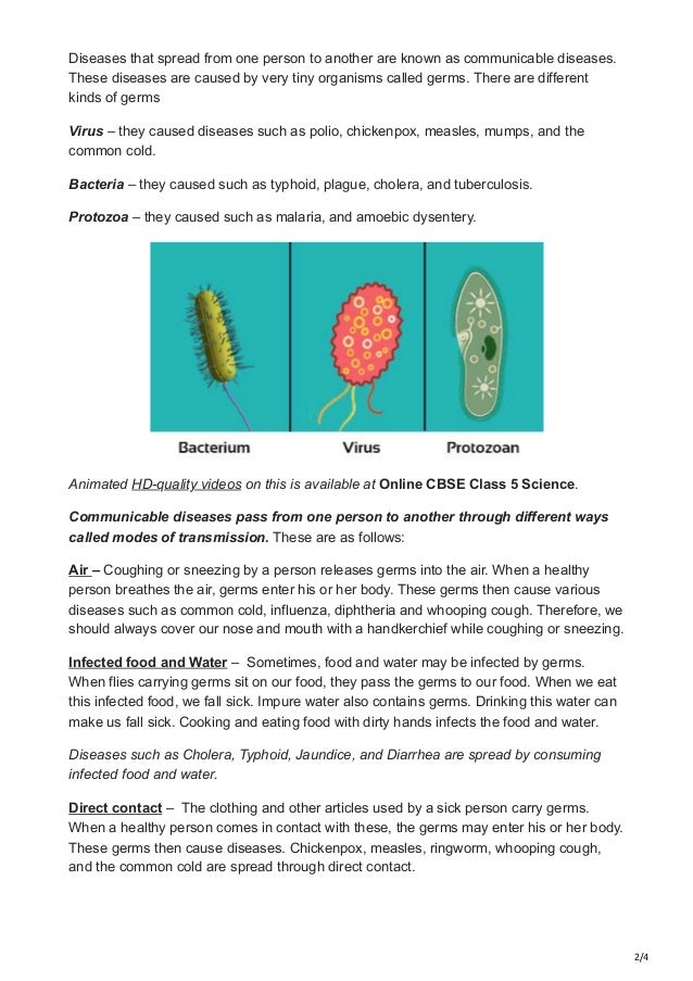 2/4
Diseases that spread from one person to another are known as communicable diseases.
These diseases are caused by very tiny organisms called germs. There are different
kinds of germs
Virus – they caused diseases such as polio, chickenpox, measles, mumps, and the
common cold.
Bacteria – they caused such as typhoid, plague, cholera, and tuberculosis.
Protozoa – they caused such as malaria, and amoebic dysentery.
Animated HD-quality videos on this is available at Online CBSE Class 5 Science.
Communicable diseases pass from one person to another through different ways
called modes of transmission. These are as follows:
Air – Coughing or sneezing by a person releases germs into the air. When a healthy
person breathes the air, germs enter his or her body. These germs then cause various
diseases such as common cold, influenza, diphtheria and whooping cough. Therefore, we
should always cover our nose and mouth with a handkerchief while coughing or sneezing.
Infected food and Water –  Sometimes, food and water may be infected by germs.
When flies carrying germs sit on our food, they pass the germs to our food. When we eat
this infected food, we fall sick. Impure water also contains germs. Drinking this water can
make us fall sick. Cooking and eating food with dirty hands infects the food and water.
Diseases such as Cholera, Typhoid, Jaundice, and Diarrhea are spread by consuming
infected food and water.
Direct contact –  The clothing and other articles used by a sick person carry germs.
When a healthy person comes in contact with these, the germs may enter his or her body.
These germs then cause diseases. Chickenpox, measles, ringworm, whooping cough,
and the common cold are spread through direct contact.
 