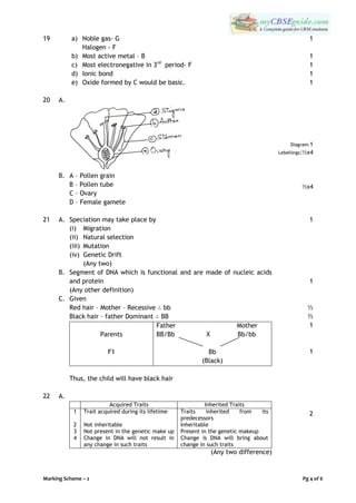 Marking Scheme – 2 Pg 4 of 6
19 a) Noble gas- G
Halogen - F
b) Most active metal – B
c) Most electronegative in 3rd
period- F
d) Ionic bond
e) Oxide formed by C would be basic.
1
1
1
1
1
20 A.
B. A – Pollen grain
B – Pollen tube
C – Ovary
D – Female gamete
Diagram:1
Lebellings:½x4
½x4
21 A. Speciation may take place by
(i) Migration
(ii) Natural selection
(iii) Mutation
(iv) Genetic Drift
(Any two)
B. Segment of DNA which is functional and are made of nucleic acids
and protein
(Any other definition)
C. Given
Red hair – Mother – Recessive ∴ bb
Black hair – father Dominant ∴ BB
Parents
F1
Father Mother
BB/Bb X Bb/bb
Bb
(Black)
Thus, the child will have black hair
1
1
½
½
1
1
22 A.
Acquired Traits Inherited Traits
1 Trait acquired during its lifetime Traits inherited from its
predecessors
2 Not inheritable Inheritable
3 Not present in the genetic make up Present in the genetic makeup
4 Change in DNA will not result in
any change in such traits
Change is DNA will bring about
change in such traits
(Any two difference)
2
 