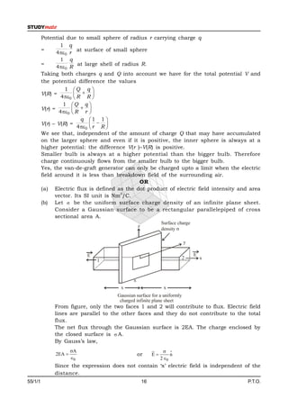Potential due to small sphere of radius r carrying charge q
                1 q
         =            at surface of small sphere
              40 r
                1 q
         =            at large shell of radius R.
              40 R
         Taking both charges q and Q into account we have for the total potential V and
         the potential difference the values
                   1 Q q 
                           
                 40  R R 
         V(R) =
                               
                  1 Q q 
                          
                40  R r 
         V(r) =
                             
                          q 1 1 
                                  
                         40  r R 
         V(r) – V(R) =
                                   
         We see that, independent of the amount of charge Q that may have accumulated
         on the larger sphere and even if it is positive, the inner sphere is always at a
         higher potential: the difference V(r )–V(R) is positive.
         Smaller bulb is always at a higher potential than the bigger bulb. Therefore
         charge continuously flows from the smaller bulb to the bigger bulb.
         Yes, the van-de-graft generator can only be charged upto a limit when the electric
         field around it is less than breakdown field of the surrounding air.
                                               OR
         (a) Electric flux is defined as the dot product of electric field intensity and area
                                        2
               vector. Its SI unit is Nm /C.
         (b) Let  be the uniform surface charge density of an infinite plane sheet.
               Consider a Gaussian surface to be a rectangular parallelepiped of cross
               sectional area A.
                                                               Surface charge
                                                  z
                                                               density 

                                                                         y

                           E                                                    E
                                                                         2          x
                               1



                                              x
                                       x                        x
                                      Gaussian surface for a uniformly
                                       charged infinite plane sheet
              From figure, only the two faces 1 and 2 will contribute to flux. Electric field
              lines are parallel to the other faces and they do not contribute to the total
              flux.
              The net flux through the Gaussian surface is 2EA. The charge enclosed by
              the closed surface is  A.
              By Gauss’s law,
                      A                                   
                                                                
              2EA                                or       E      n
                      0                                      2 0
              Since the expression does not contain ‘x’ electric field is independent of the
              distance.
55/1/1                                                16                                P.T.O.
 