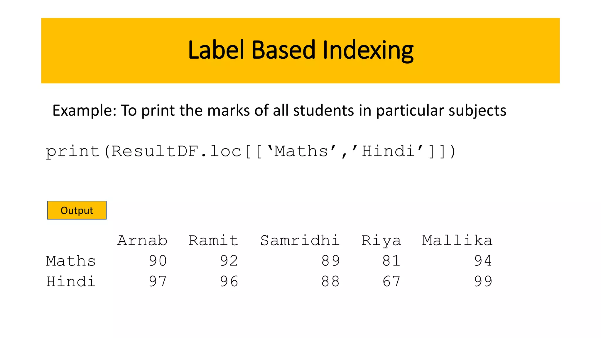 Label Based Indexing
print(ResultDF.loc[[‘Maths’,’Hindi’]])
Arnab Ramit Samridhi Riya Mallika
Maths 90 92 89 81 94
Hindi 97 96 88 67 99
Example: To print the marks of all students in particular subjects
Output
 