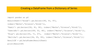 Creating a DataFrame from a Dictionary of Series
import pandas as pd
ResultSheet={'Arnab': pd.Series([90, 91, 97],
index=['Maths','Science','Hindi']),
'Ramit': pd.Series([92, 81, 96], index=['Maths','Science','Hindi']),
'Samridhi': pd.Series([89, 91, 88], index=['Maths','Science','Hindi']),
'Riya': pd.Series([81, 71, 67], index=['Maths','Science','Hindi']),
'Mallika': pd.Series([94, 95, 99], index=['Maths','Science','Hindi'])}
ResultDF = pd.DataFrame(ResultSheet)
print(ResultDF)
 