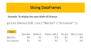 Slicing DataFrames
print(ResultDF.loc[’Maths’:’Science’])
Arnab Ramit Samridhi Riya Mallika
Maths 90 92 89 81 94
Science 91 81 91 71 95
Example: To display the rows Math till Science
Output
 