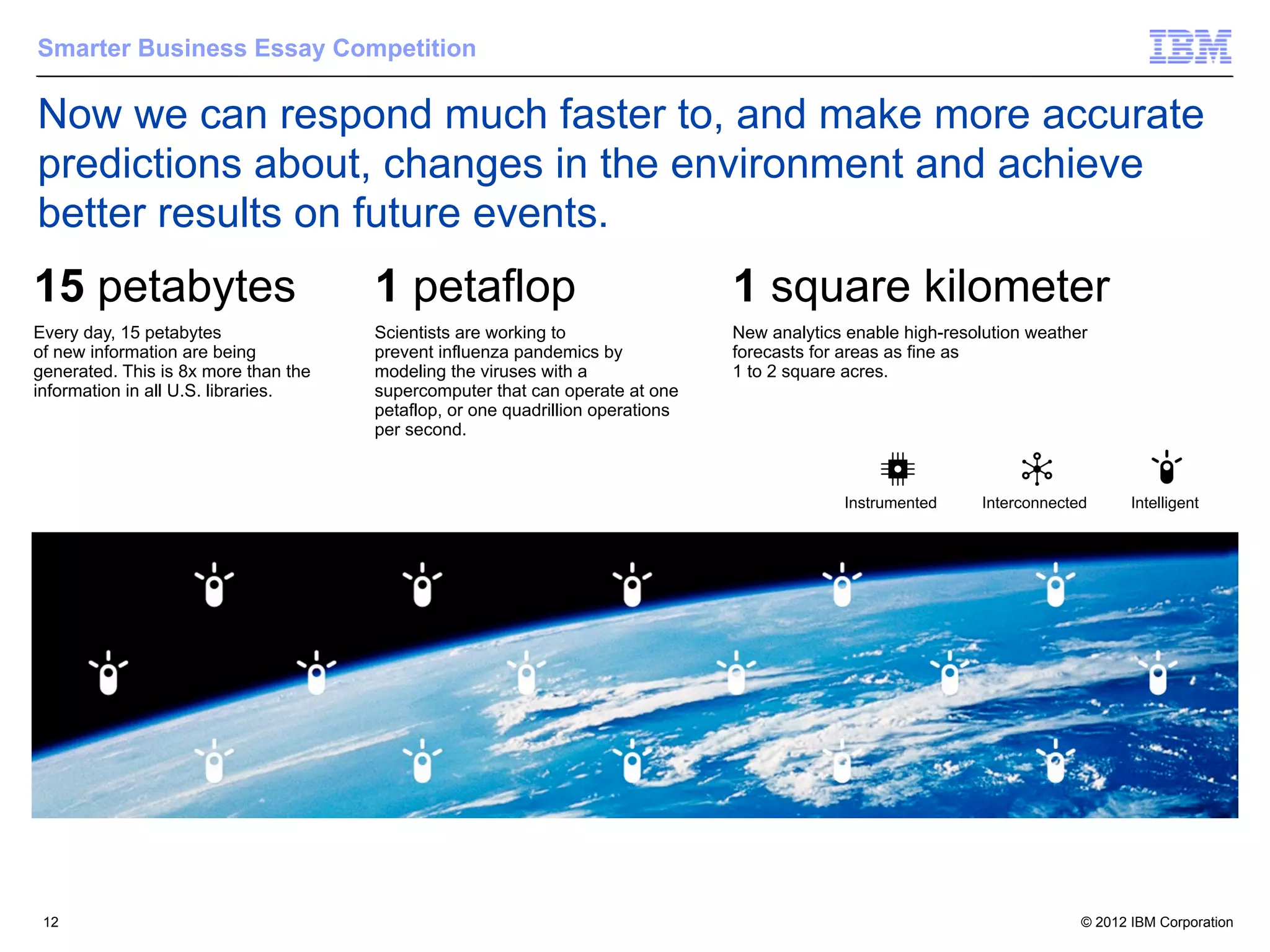 Smarter Business Essay Competition

Now we can respond much faster to, and make more accurate
predictions about, changes in the environment and achieve
better results on future events.
15 petabytes                          1 petaflop                                1 square kilometer
Every day, 15 petabytes               Scientists are working to                 New analytics enable high-resolution weather
of new information are being          prevent influenza pandemics by            forecasts for areas as fine as
generated. This is 8x more than the   modeling the viruses with a               1 to 2 square acres.
information in all U.S. libraries.    supercomputer that can operate at one
                                      petaflop, or one quadrillion operations
                                      per second.



                                                                                             Instrumented     Interconnected      Intelligent




 12                                                                                                                        © 2012 IBM Corporation
 
