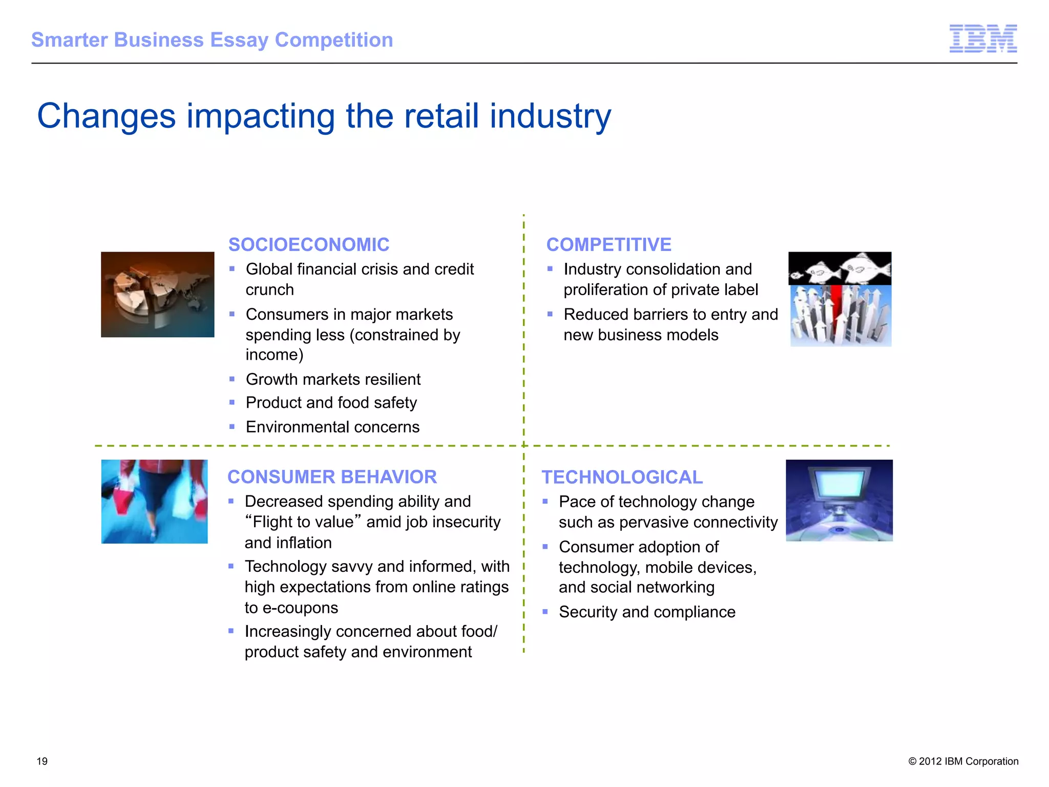 n a catalyst for change,Essay Competition
     Smarter Business forcing retailers to
cting the industry.

    Changes impacting the retail industry
           Building a smarter planet




             Changes Impacting the Retail Industry

                                       SOCIOECONOMIC                              COMPETITIVE
                                       !  Global financial crisis and credit      !  Industry consolidation and
                                          crunch                                     proliferation of private label
                                       !  Consumers in major markets              !  Reduced barriers to entry and
                                          spending less (constrained by              new business models
                                          income)
                                       !  Growth markets resilient
                                       !  Product and food safety
                                       !  Environmental concerns


                                       CONSUMER BEHAVIOR                          TECHNOLOGICAL
                                       !  Decreased spending ability and          !  Pace of technology change
                                           Flight to value amid job insecurity       such as pervasive connectivity
                                          and inflation                           !  Consumer adoption of
                                       !  Technology savvy and informed, with        technology, mobile devices,
                                          high expectations from online ratings      and social networking
                                          to e-coupons                            !  Security and compliance
                                       !  Increasingly concerned about food/
                                          product safety and environment
             3
                                                                                              IBM Internal Use Only   © 2009 IBM Corporation




    19                                                                                                                                         © 2012 IBM Corporation
 