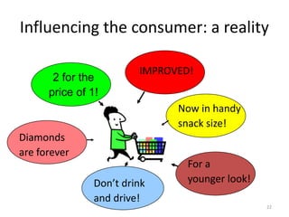 Influencing the consumer: a reality

                         IMPROVED!
       2 for the
      price of 1!
                               Now in handy
                               snack size!
Diamonds
are forever
                                 For a
                Don’t drink      younger look!
                and drive!
                                                 22
 