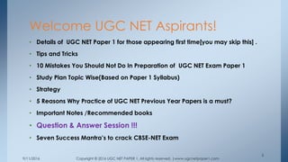 9/11/2016 Copyright © 2016 UGC NET PAPER 1. All rights reserved. |www.ugcnetpaper1.com
3
• Details of UGC NET Paper 1 for those appearing first time[you may skip this] .
• Tips and Tricks
• 10 Mistakes You Should Not Do In Preparation of UGC NET Exam Paper 1
• Study Plan Topic Wise(Based on Paper 1 Syllabus)
• Strategy
• 5 Reasons Why Practice of UGC NET Previous Year Papers is a must?
• Important Notes /Recommended books
• Question & Answer Session !!!
• Seven Success Mantra’s to crack CBSE-NET Exam
Welcome UGC NET Aspirants!
 