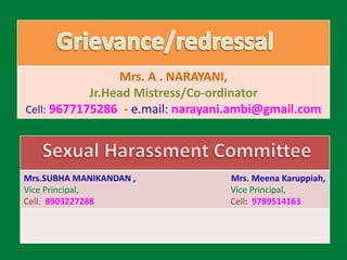 Mrs. A . NARAYANI,
Jr.Head Mistress/Co-ordinator
Cell: 9677175286 - e.mail: narayani.ambi@gmail.com
Mrs.SUBHA MANIKANDAN , Mrs. Meena Karuppiah,
Vice Principal, Vice Principal,
Cell: 8903227288 Cell: 9789514163
 