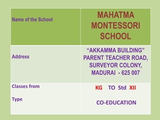 Name of the School
MAHATMA
MONTESSORI
SCHOOL
Address
“AKKAMMA BUILDING”
PARENT TEACHER ROAD,
SURVEYOR COLONY,
MADURAI - 625 007
Classes from
Type
KG TO Std XII
CO-EDUCATION
 