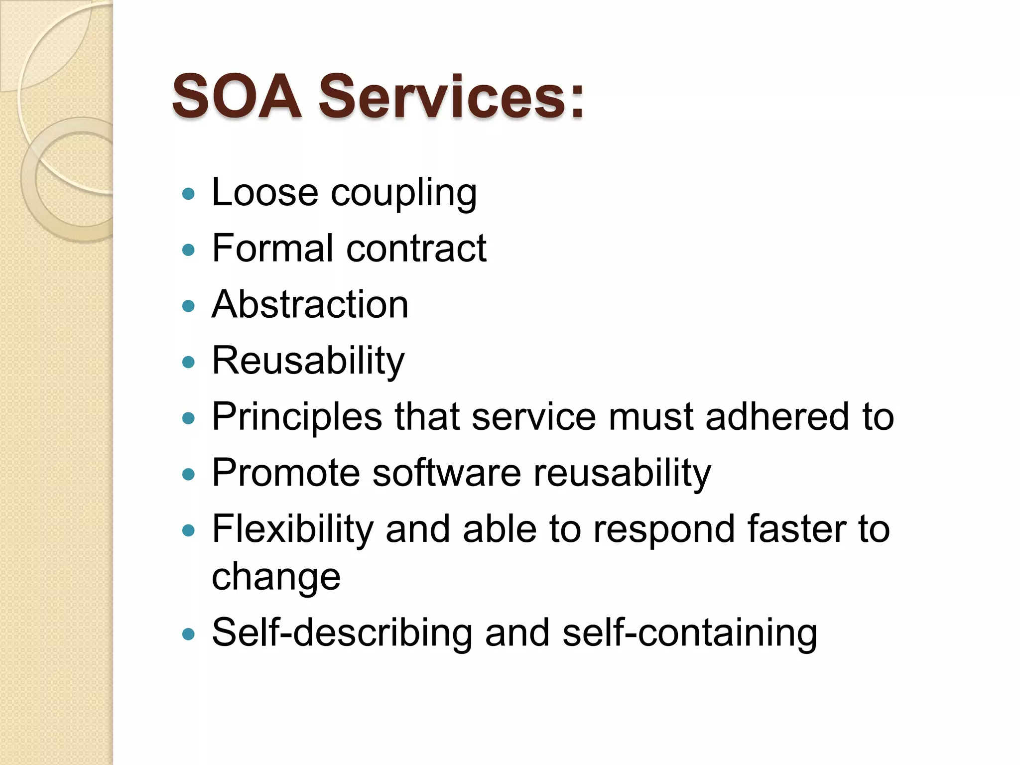 Configuration ManagementWhat is SOA?Utilizes services as fundamental elements for developing applications and solutions.Also called group of services that communicate with each other which involves either data passing or co-coordinating activity between two or more services.Web Services is used as a methodology to implement a SOA solutionSOA is NOT a product to be purchased
