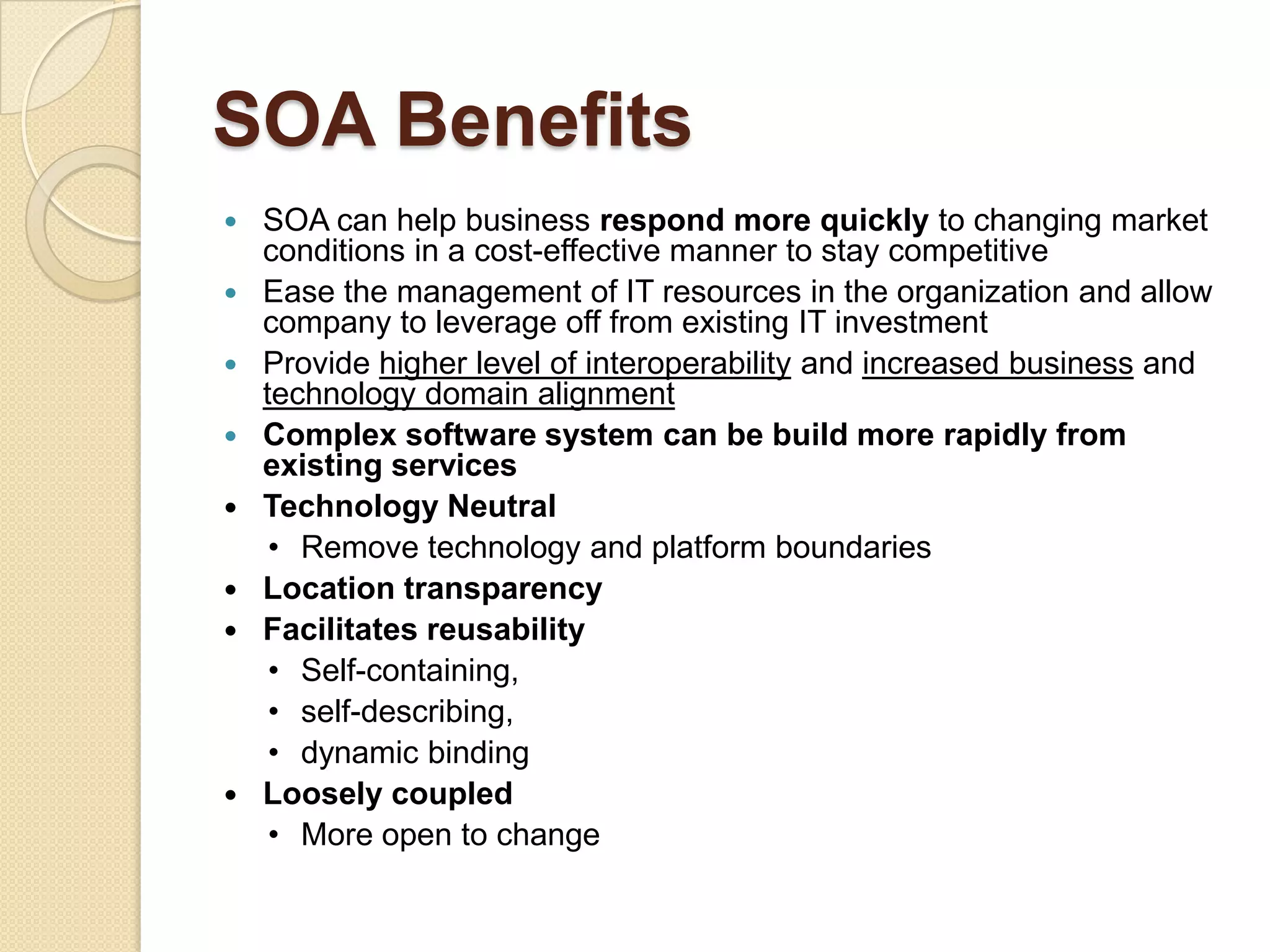 SOA ToolsComposing Services:For composing services one has to filter some no-required functions of ‘provider ‘ services. For this, Pipes and Filters are used.Orchestration:Orchestration is about maintaining a flow of sequence of composed services in a system. For this, BPEL4WS (Business Process Execution Language for Web Services)and Web Service Conversation Interface are used.Choreography:Choreography deals with interaction between the service providers. For this ,WS-CDL(Web Services-Choreography Description Language) is used.
