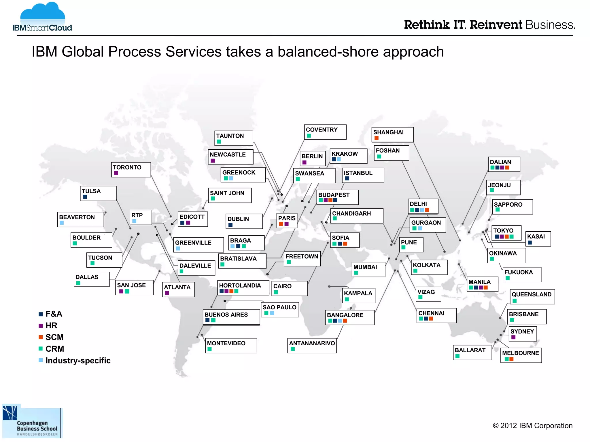 IBM Global Process Services takes a balanced-shore approach




                                                                              COVENTRY               SHANGHAI
                                                  TAUNTON

                                                                                                     FOSHAN
                                                NEWCASTLE                    BERLIN    KRAKOW
                                                                                                                                          DALIAN
                      TORONTO
                                                   GREENOCK                SWANSEA        ISTANBUL

                                                                                                                                          JEONJU
           TULSA                                SAINT JOHN                       BUDAPEST
                                                                                                                DELHI                      SAPPORO
                          RTP                                                          CHANDIGARH
     BEAVERTON                        EDICOTT        DUBLIN          PARIS
                                                                                                                GURGAON
                                                                                                                                           TOKYO
         BOULDER                                                                       SOFIA                                                          KASAI
                                    GREENVILLE        BRAGA                                                   PUNE
                                                                                                                                          OKINAWA
             TUCSON                                BRATISLAVA          FREETOWN
                                      DALEVILLE                                                MUMBAI           KOLKATA
                                                                                                                                              FUKUOKA
         DALLAS
                                                                                                                                  MANILA
                       SAN JOSE   ATLANTA          HORTOLANDIA     CAIRO
                                                                                          KAMPALA                    VIZAG                         QUEENSLAND

                                                                 SAO PAULO
  F&A                                        BUENOS AIRES                             BANGALORE                      CHENNAI                   BRISBANE

  HR
                                                                                                                                               SYDNEY
  SCM
                                                MONTEVIDEO              ANTANANARIVO
  CRM                                                                                                                          BALLARAT      MELBOURNE
  Industry-specific




                                                                                                                                           © 2012 IBM Corporation
 