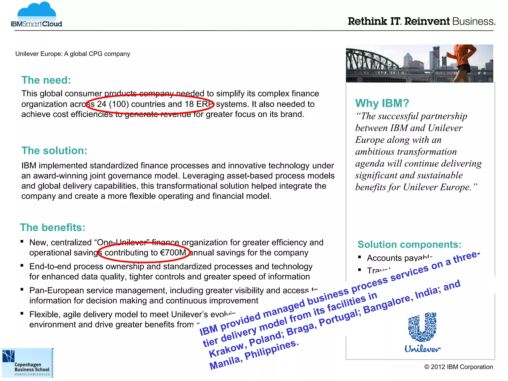 Unilever Europe: A global CPG company



 The need:
 This global consumer products company needed to simplify its complex finance
 organization across 24 (100) countries and 18 ERP systems. It also needed to                Why IBM?
 achieve cost efficiencies to generate revenue for greater focus on its brand.               “The successful partnership
                                                                                             between IBM and Unilever
                                                                                             Europe along with an
 The solution:                                                                               ambitious transformation
 IBM implemented standardized finance processes and innovative technology under              agenda will continue delivering
 an award-winning joint governance model. Leveraging asset-based process models              significant and sustainable
 and global delivery capabilities, this transformational solution helped integrate the       benefits for Unilever Europe.”
 company and create a more flexible operating and financial model.


 The benefits:
  New, centralized “One-Unilever” finance organization for greater efficiency and         Solution components:
   operational savings contributing to €700M annual savings for the company                                                  e-
                                                                                            Accounts payable
                                                                                                                  na   thre
                                                                                            Travel & expenseo
  End-to-end process ownership and standardized processes and technology
                                                                                                          i ces
   for enhanced data quality, tighter controls and greater speed of information                      ser v
                                                                                            Billss cash
                                                                                           roc e to                   nd
  Pan-European service management, including greater visibility and access to
                                                                                   n es s p Record to report ia; a
                                                                                                              d
                                                                               busi cilities
                                                                                             in          e, In
   information for decision making and continuous improvement
                                                                          g ed     fa         ang   alor
  Flexible, agile delivery model to meet Unilever’s evolving business na
                                                                   ma from its tugal; B
                                                               ed                 Por
   environment and drive greater benefits from economiesvidscaleodel
                                                         ro of m
                                                       p
                                                  IBM elivery nd; Br         aga,
                                                        d          a
                                                   tier ow , Pol ines.
                                                                     p
                                                     Krak , Philip
                                                          ila
                                                     M an                                                     © 2012 IBM Corporation
 