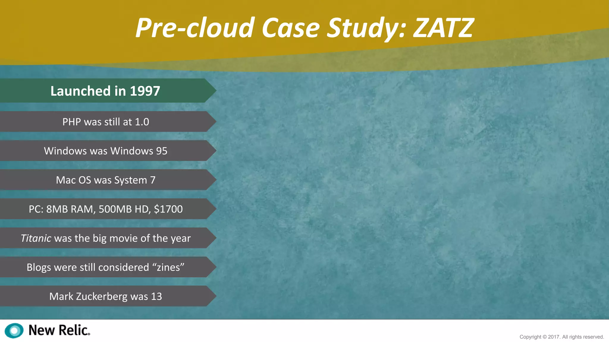 4
Copyright © 2017. All rights reserved.
Pre-cloud Case Study: ZATZ
Launched in 1997
PHP was still at 1.0
Windows was Windows 95
Mac OS was System 7
PC: 8MB RAM, 500MB HD, $1700
Titanic was the big movie of the year
Blogs were still considered “zines”
Mark Zuckerberg was 13
 