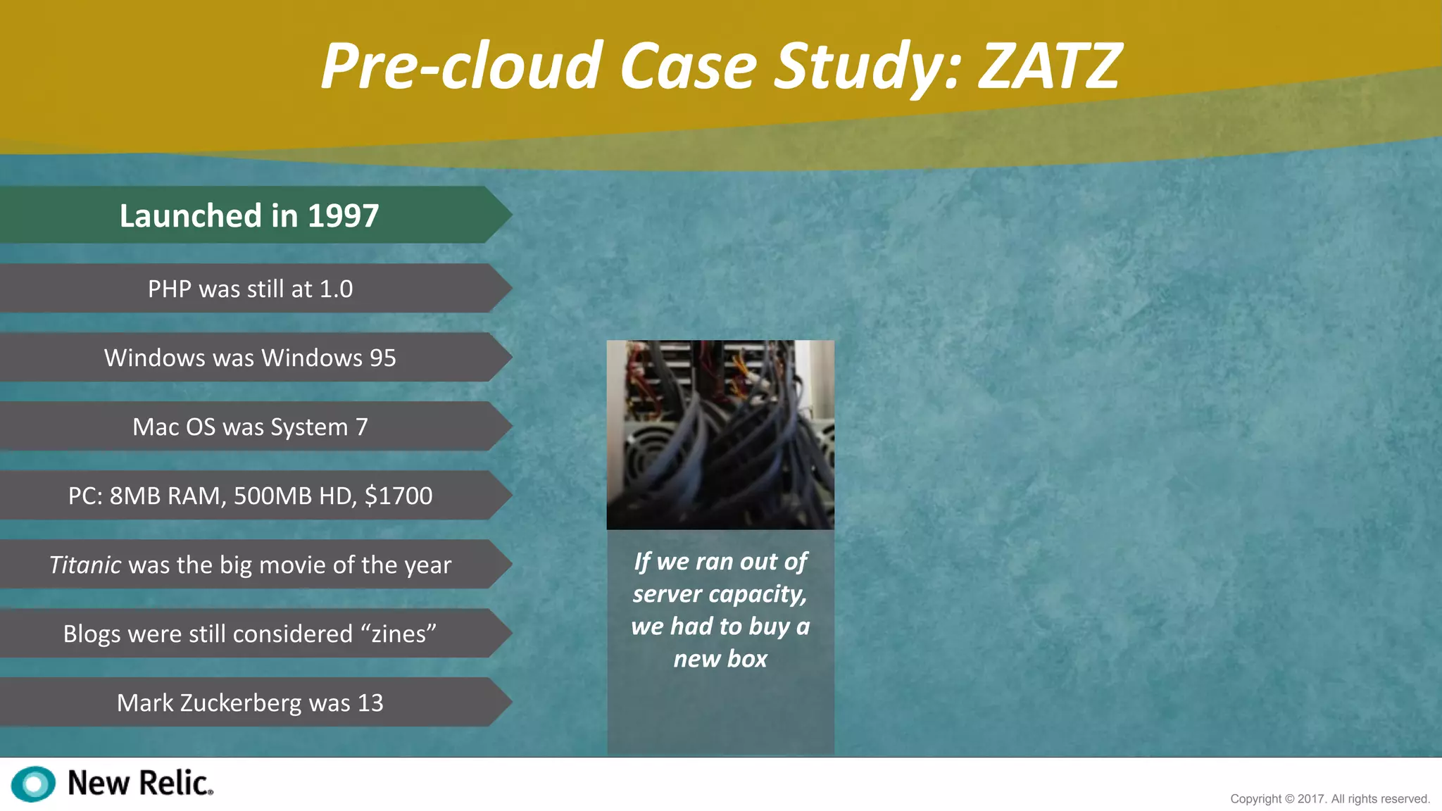 5
Copyright © 2017. All rights reserved.
Pre-cloud Case Study: ZATZ
Launched in 1997
PHP was still at 1.0
Windows was Windows 95
Mac OS was System 7
PC: 8MB RAM, 500MB HD, $1700
Titanic was the big movie of the year
Blogs were still considered “zines”
Mark Zuckerberg was 13
If we ran out of
server capacity,
we had to buy a
new box
 