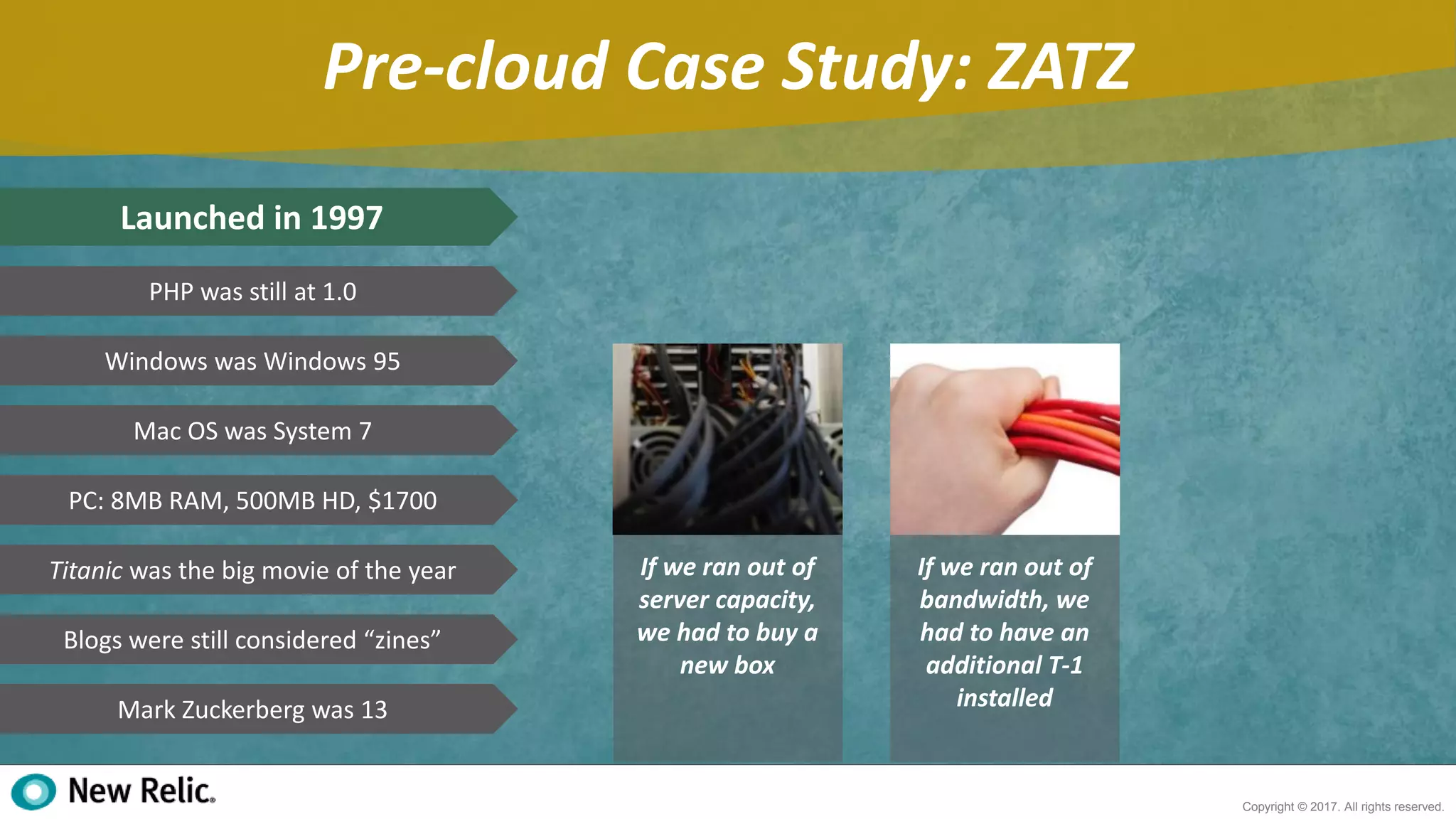 6
Copyright © 2017. All rights reserved.
Pre-cloud Case Study: ZATZ
Launched in 1997
PHP was still at 1.0
Windows was Windows 95
Mac OS was System 7
PC: 8MB RAM, 500MB HD, $1700
Titanic was the big movie of the year
Blogs were still considered “zines”
Mark Zuckerberg was 13
If we ran out of
server capacity,
we had to buy a
new box
If we ran out of
bandwidth, we
had to have an
additional T-1
installed
 
