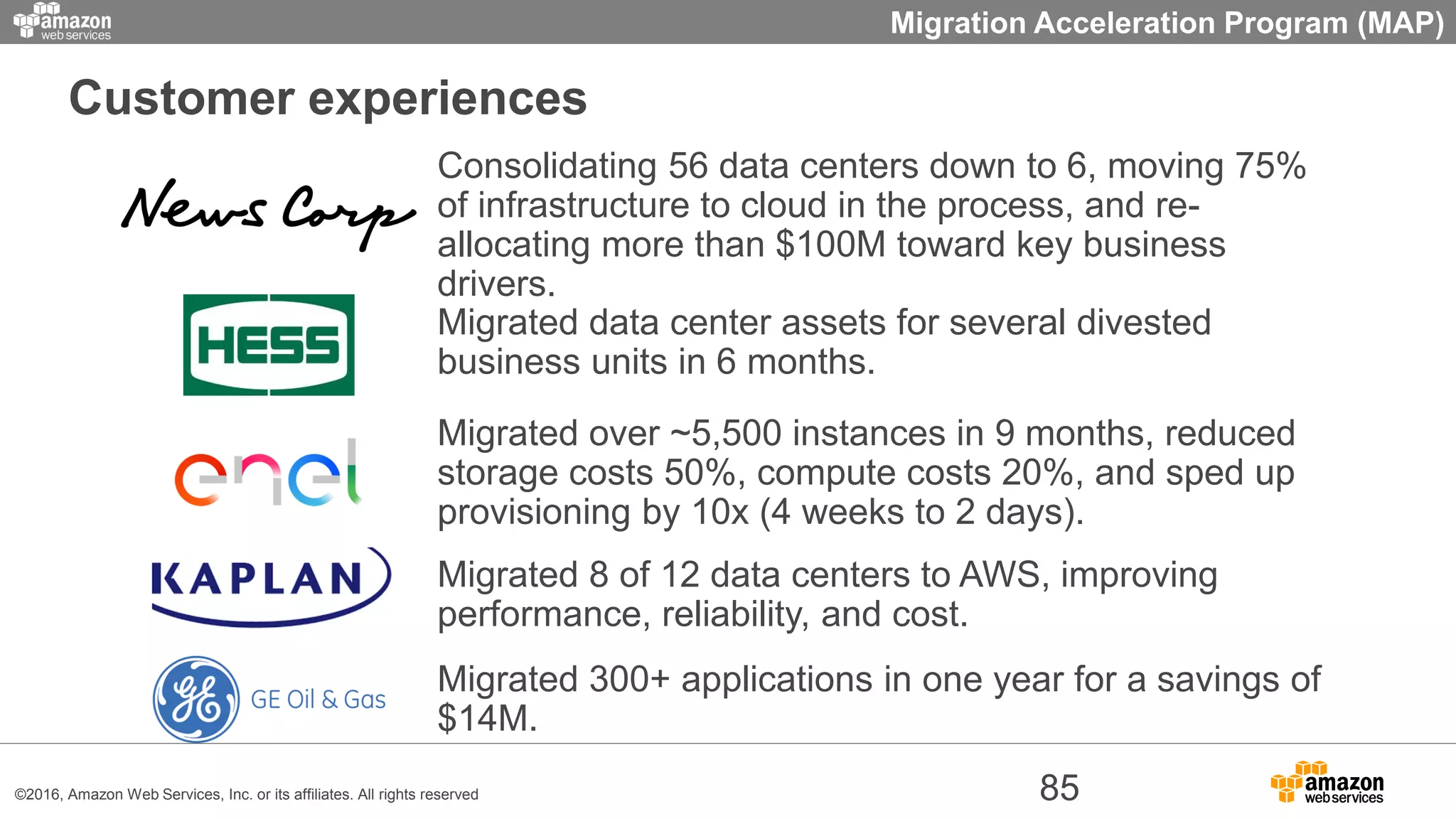 Customer experiences
Migrated over ~5,500 instances in 9 months, reduced
storage costs 50%, compute costs 20%, and sped up
provisioning by 10x (4 weeks to 2 days).
Migrated 300+ applications in one year for a savings of
$14M.
Migrated data center assets for several divested
business units in 6 months.
Consolidating 56 data centers down to 6, moving 75%
of infrastructure to cloud in the process, and re-
allocating more than $100M toward key business
drivers.
Migration Acceleration Program (MAP)
©2016, Amazon Web Services, Inc. or its affiliates. All rights reserved 85
Migrated 8 of 12 data centers to AWS, improving
performance, reliability, and cost.
 
