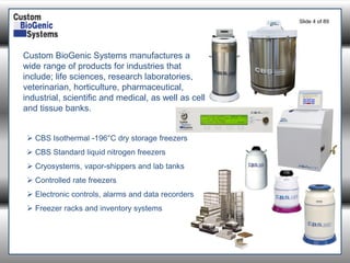 Slide 4of 89 
CBS Isothermal -196°C dry storage freezers 
CBS Standard liquid nitrogen freezers 
Cryosystems, vapor-shippers and lab tanks 
Controlled rate freezers 
Electronic controls, alarms and data recorders 
Freezer racks and inventory systems 
Custom BioGenic Systems manufactures a wide range of products for industries that include; life sciences, research laboratories, veterinarian, horticulture, pharmaceutical, industrial, scientific and medical, as well as cell and tissue banks.  