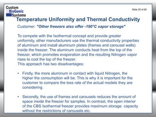 Slide 20of 89 
Temperature Uniformity and Thermal Conductivity 
Customer: "Other freezers also offer -190°C vapor storage" 
To compete with the Isothermal concept and provide greater uniformity, other manufacturers use the thermal conductivity properties of aluminum and install aluminum plates (frames and carousel walls) inside the freezer. The aluminum conducts heat from the top of the freezer, which promotes evaporation and the resulting Nitrogen vapor rises to cool the top of the freezer. 
This approach has two disadvantages; 
•Firstly, the more aluminum in contact with liquid Nitrogen, the higher the consumption will be. This is why it is important for the customer to compare the loss rate of the actual models they are considering. 
•Secondly, the use of frames and carousels reduces the amount of space inside the freezer for samples. In contrast, the open interior of the CBS Isothermal freezer provides maximum storage capacity without the restrictions of carousels etc.  
