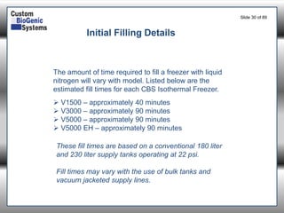 Slide 30of 89 
The amount of time required to fill a freezer with liquid nitrogen will vary with model. Listed below are the estimated fill times for each CBS Isothermal Freezer. 
V1500 –approximately 40 minutes 
V3000 –approximately 90 minutes 
V5000 –approximately 90 minutes 
V5000 EH –approximately 90 minutes 
Initial Filling Details 
These fill times are based on a conventional 180 liter and 230 liter supply tanks operating at 22 psi. 
Fill times may vary with the use of bulk tanks and vacuum jacketed supply lines. 