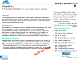 Wuxi iPark
A dynamic infrastructure frees up resources for new business
                                                                                        “Working with IBM, Wuxi iPark is
                                                                                        able to leapfrog the latest technology
The Need:                                                                               model around cloud computing and
China is emerging as one of the world's major markets of software development           SaaS and set a solid foundation to
and outsourcing services. However, to survive in this rapidly evolving environment,     become a major source for software
ISVs need to have agile software development processes to shorten the lifecycle
                                                                                        development outsourcing.”
from product development to market.
                                                                                                 — Zhou Qian, Secretary, Wuxi New
The Solution:                                                                           District, Committee of the Community Party
                                                                                                                         of China
IBM Research-China teamed with Wuxi iPark to enable ISVs located in Wuxi iPark
                                                                                        Solution components:
to remotely access a vast computing environment for project incubation,
development and testing at any time, paying for services based on usage. This            IBM® DB2® (64bit)
utility-based service is delivered via the Web and integrates technologies and
                                                                                         IBM Express Runtime Solution
concepts from cloud computing, software-as-a-service (SaaS) and software
engineering as a service (SEaaS) and includes operational and hosting services.          IBM HTTP Server

What Makes it Smarter:                                                                   IBM Rational® Software Architect
 New business model allows ISVs to conserve energy and resources and reduce             IBM System Storage DS®
  their IT investment, freeing up capital and resources for other business activities
                                                                                         IBM System p®, IBM System x®
 Open standards-based architecture and innovative development methodology
  facilitates collaboration of staff in different cities to improve response times       IBM Tivoli® Directory Server,


                                                                            re e
 Access to advanced software development platform enables ISVs to reach new              IBM Tivoli Monitoring,

                                                                         rf
  markets with the ability to sell hosted software solutions to customers worldwide       IBM Tivoli Provisioning Manager


                                                                S fo                     IBM WebSphere® Application Server


                                                         Iaa                                         TIP14115-CNEN-01
                                                                                                               © 2012 IBM Corporation
 