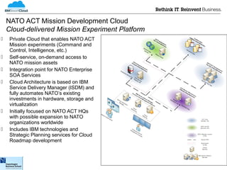 NATO ACT Mission Development Cloud
    Cloud-delivered Mission Experiment Platform
    Private Cloud that enables NATO ACT
     Mission experiments (Command and
     Control, Intelligence, etc.)
    Self-service, on-demand access to
     NATO mission assets
    Integration point for NATO Enterprise
     SOA Services
    Cloud Architecture is based on IBM
     Service Delivery Manager (ISDM) and
     fully automates NATO’s existing
     investments in hardware, storage and
     virtualization
    Initially focused on NATO ACT HQs
     with possible expansion to NATO
     organizations worldwide
    Includes IBM technologies and
     Strategic Planning services for Cloud
     Roadmap development



                                                  © 2012 IBM Corporation
 