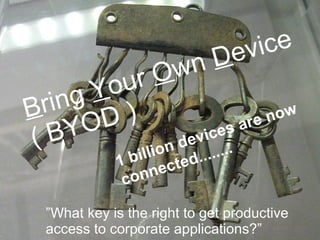 D ev i ce
                         rO wn
              ou
   Desk top




     B rin gY
             D )                     now
     (B   YO             evi ces
                                 are
                 llio n d ......
                     1 bi ected..
                      conn

          ”What key is the right to get productive
          access to corporate applications?”  © 2012 IBM Corporation
 