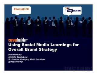 #socialc20




Using Social Media Learnings for
Overall Brand Strategy
Presented By:
Michelle Spellerberg
Sr. Director, Emerging Media Solutions
@mspellerberg
@       ll b
 