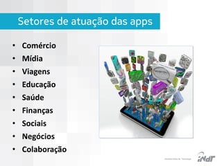 Setores de atuação das apps
• Comércio

• Mídia
• Viagens
• Educação
• Saúde
• Finanças
• Sociais
• Negócios

• Colaboração
IInstituto Nokia de Tecnologia

 