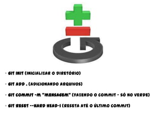  git init (inicializar o diretório)
 git add . (adicionando arquivos)
 git commit –m “mensagem” (fazendo o commit - só no verde)
 git reset –-hard HEAD~1 (reseta até o último commit)
 