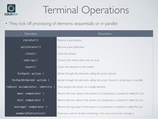 Terminal Operations
• They kick off processing of elements sequentially or in parallel
Operation Description
iterator() Returns a java iterator
spliterator() Returns a java spliterator
close() Close the stream
toArray() Convert the stream back into an array
count() Count the elements in the stream
forEach( action ) Iterate through the elements calling the action closure
forEachOrdered( action ) Iterate through the elements calling the action closure in order, even in parallel
reduce( accumulator, identity ) Fold, reduces the stream to a single element.
max( comparator ) Returns the max value in the stream, if a comparator is passed its called for you
min( comparator ) Returns the min value in the stream, if a comparator is passed its called for you
average( comparator ) Returns the avg value in the stream, if a comparator is passed its called for you
summaryStatistics() Gives you a struct of stats containing: { min, max, count, sum, average }
 