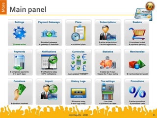 More
       Main panel




                    Joomlapolis - 2011   11
 