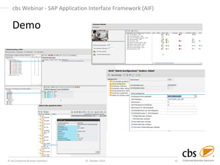 © cbs Corporate Business Solutions 
27. Oktober 2014 
12 
cbs Webinar - SAP Application Interface Framework (AIF) 
Demo  