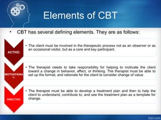 Elements of CBT
• CBT has several defining elements. They are as follows:
 