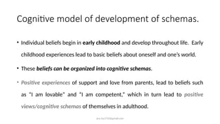 ara.roy1710@gmail.com
Cognitive model of development of schemas.
• Individual beliefs begin in early childhood and develop throughout life. Early
childhood experiences lead to basic beliefs about oneself and one’s world.
• These beliefs can be organized into cognitive schemas.
• Positive experiences of support and love from parents, lead to beliefs such
as “I am lovable” and “I am competent,” which in turn lead to positive
views/cognitive schemas of themselves in adulthood.
 
