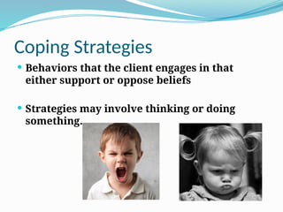 Coping Strategies
 Behaviors that the client engages in that
either support or oppose beliefs
 Strategies may involve thinking or doing
something.
 