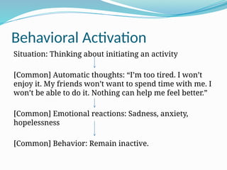 Behavioral Activation
Situation: Thinking about initiating an activity
[Common] Automatic thoughts: “I’m too tired. I won’t
enjoy it. My friends won’t want to spend time with me. I
won’t be able to do it. Nothing can help me feel better.”
[Common] Emotional reactions: Sadness, anxiety,
hopelessness
[Common] Behavior: Remain inactive.
 