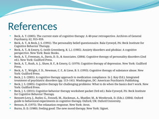 References
 Beck, A. T. (2005). The current state of cognitive therapy: A 40-year retrospective. Archives of General
Psychiatry, 62, 953–959.
 Beck, A. T., & Beck, J. S. (1991). The personality belief questionnaire. Bala Cynwyd, PA: Beck Institute for
Cognitive Behavior Therapy.
 Beck, A. T., & Emery, G. (with Greenberg, R. L.). (1985). Anxiety disorders and phobias: A cognitive
perspective. New York: Basic Books.
 Beck, A. T., Freeman, A., Davis, D. D., & Associates. (2004). Cognitive therapy of personality disorders (2nd
ed.). New York: Guilford Press.
 Beck, A. T., Rush, A. J., Shaw, B. F., & Emery, G. (1979). Cognitive therapy of depression. New York: Guilford
Press.
 Beck, A. T., Wright, F. D., Newman, C. F., & Liese, B. S. (1993). Cognitive therapy of substance abuse. New
York: Guilford Press.
 Beck, J. S. (2001). A cognitive therapy approach to medication compliance. In J. Kay (Ed.), Integrated
treatment of psychiatric disorders (pp. 113–141). Washington, DC: American Psychiatric Publishing.
 Beck, J. S. (2005). Cognitive therapy for challenging problems: What to do when the basics don’t work. New
York: Guilford Press.
 Beck, J. S. (2011). Cognitive behavior therapy worksheet packet (3rd ed.). Bala Cynwyd, PA: Beck Institute
for Cognitive Behavior Therapy.
 Bennett-Levy, J., Butler, G., Fennell, M., Hackman, A., Mueller, M., & Westbrook, D. (Eds.). (2004). Oxford
guide to behavioral experiments in cognitive therapy. Oxford, UK: Oxford University.
 Benson, H. (1975). The relaxation response. New York: Avon.
 Burns, D. D. (1980). Feeling good: The new mood therapy. New York: Signet.
 