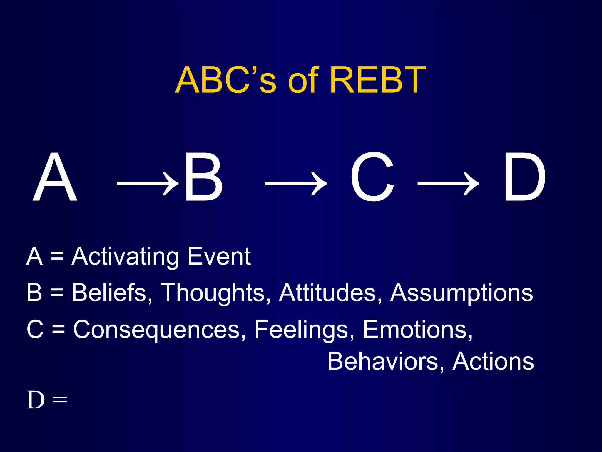 ABC’s of REBT

A →B → C → D
A = Activating Event
B = Beliefs, Thoughts, Attitudes, Assumptions
C = Consequences, Feelings, Emotions,
Behaviors, Actions

D=

 