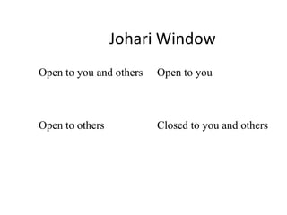 Johari Window
Open to you and others Open to you
Open to others Closed to you and others
 