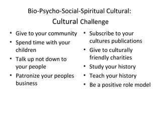 Bio-Psycho-Social-Spiritual Cultural:
Cultural Challenge
• Give to your community
• Spend time with your
children
• Talk u...