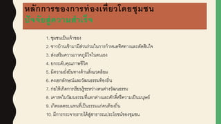 หลักการของการท่องเที่ยวโดยชุมชน
ปัจจัยสู่ความสาเร็จ
1. ชุมชนเป็นเจ้าของ
2. ชาวบ้านเข้ามามีส่วนร่วมในการกาหนดทิศทางและตัดสินใจ
3. ส่งเสริมความภาคภูมิใจในตนเอง
4. ยกระดับคุณภาพชีวิต
5. มีความยั่งยืนทางด้านสิ่งแวดล้อม
6. คงเอกลักษณ์และวัฒนธรรมท้องถิ่น
7. ก่อให้เกิดการเรียนรู้ระหว่างคนต่างวัฒนธรรม
8. เคารพในวัฒนธรรมที่แตกต่างและศักดิ์ศรีความเป็นมนุษย์
9. เกิดผูลตอบแทนที่เป็นธรรมแก่คนท้องถิ่น
10. มีการกระจายรายได้สู่สาธารณประโยชน์ของชุมชน
 