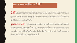 กระบวนการพัฒนา CBT
CBT เป็นผูลิตภัณฑ์การท่องเที่ยวที่มีแนวคิดชัดเจน เป็นการท่องเที่ยวที่จัดการโดย
ชุมชน เน้นการมีส่วนร่วมของชุมชน การจัดการทรัพยากรธรรมชาติและสิ่งแวดล้อม
เพื่อให้เกิดการท่องเที่ยวที่ยั่งยืน
จุดเด่น ของ CBT คือ แต่ละชุมชนจะมีเอกลักษณ์เฉพาะถิ่น นักท่องเที่ยวจะได้
สัมผูัสกับความเป็นท้องถิ่นดั้งเดิม เป็นการท่องเที่ยวที่เห็นการมีส่วนร่วมของคนใน
ชุมชน มีการแลกเปลี่ยนเรียนรู้ระหว่างนักท่องเที่ยวกับชาวบ้าน นักท่องเที่ยวสามารถ
เห็นความสัมพันธ์ระหว่างคนกับธรรมชาติ
 