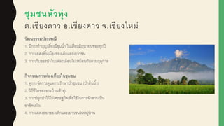 ชุมชนหัวทุ่ง
ต.เชียงดาว อ.เชียงดาว จ.เชียงใหม่
วัฒนธรรมประเพณี
1. มีการทาบุญเลี้ยงผูีขุนน้า ในเดือนมิถุนายนของทุกปี
2. การแสดงพื้นเมืองของเด็กและเยาวชน
3. การเก็บของป่าในแต่ละเดือนไม่เหมือนกันตามฤดูกาล
กิจกรรมการท่องเที่ยวในชุมชน
1. ดูการจัดการดูแลการรักษาป่าชุมชน (ป่าต้นน้า)
2. วิถีชีวิตของชาวบ้านหัวทุ่ง
3. การปลูกป่าไม้ไผู่เศรษฐกิจเพื่อใช้ในการจักสานเป็น
อาชีพเสริม
4. การแสดงออกของเด็กและเยาวชนในหมู่บ้าน
 