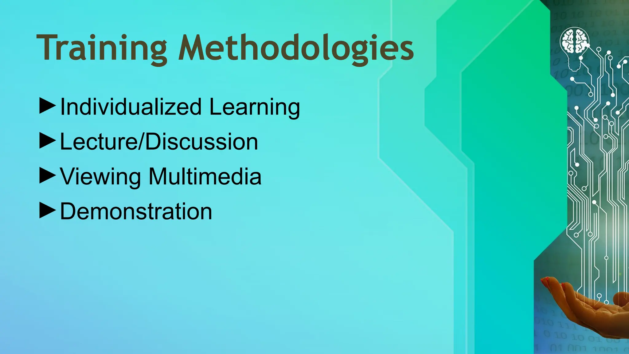 Training Methodologies
►Individualized Learning
►Lecture/Discussion
►Viewing Multimedia
►Demonstration
 