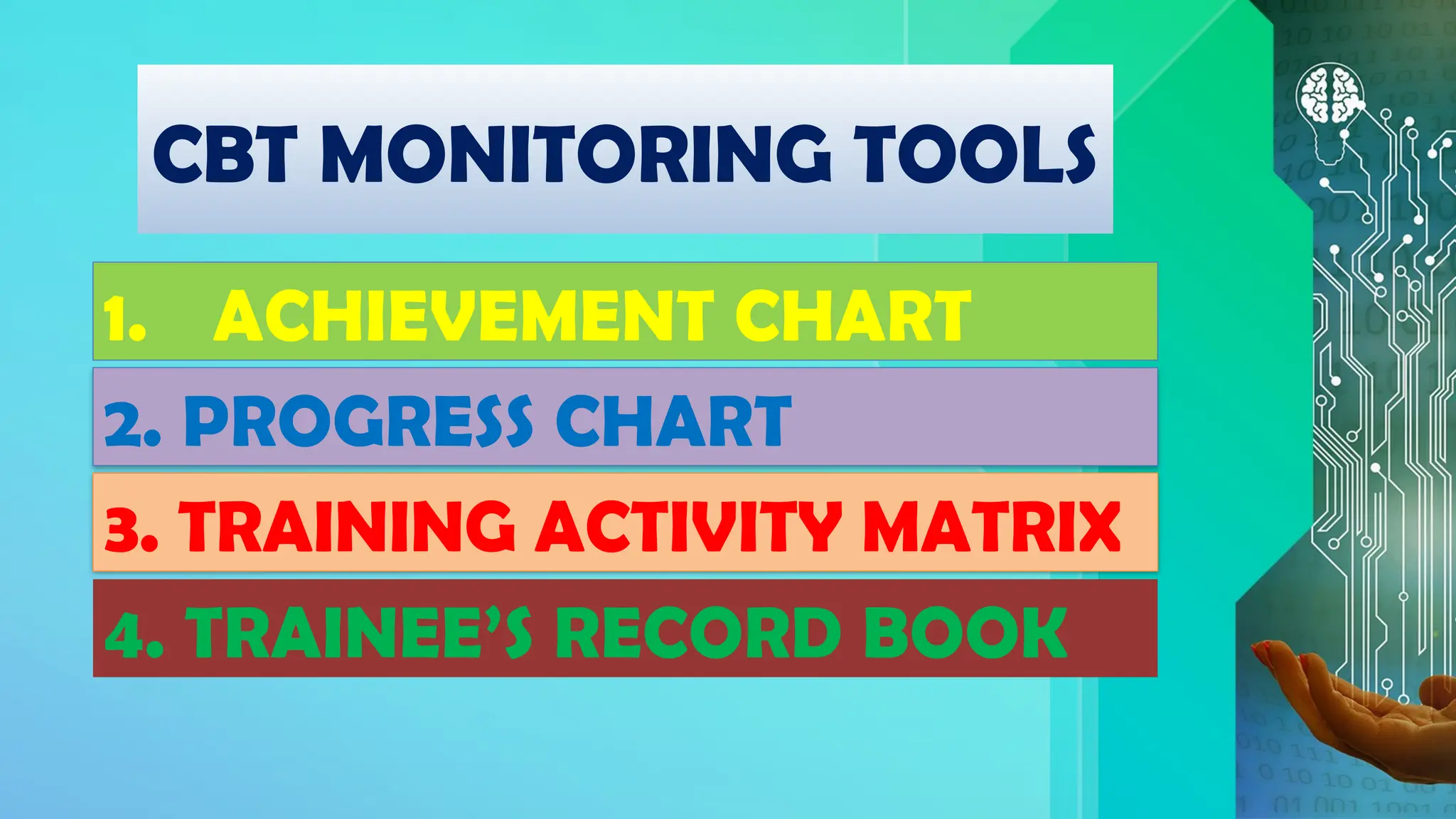 1. ACHIEVEMENT CHART
2. PROGRESS CHART
CBT MONITORING TOOLS
3. TRAINING ACTIVITY MATRIX
4. TRAINEE’S RECORD BOOK
 