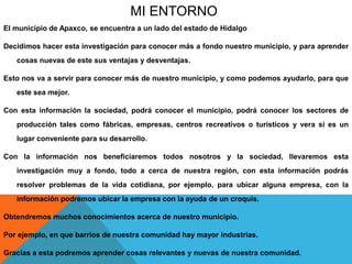 MI ENTORNO
El municipio de Apaxco, se encuentra a un lado del estado de Hidalgo
Decidimos hacer esta investigación para conocer más a fondo nuestro municipio, y para aprender
cosas nuevas de este sus ventajas y desventajas.
Esto nos va a servir para conocer más de nuestro municipio, y como podemos ayudarlo, para que
este sea mejor.
Con esta información la sociedad, podrá conocer el municipio, podrá conocer los sectores de
producción tales como fábricas, empresas, centros recreativos o turísticos y vera si es un
lugar conveniente para su desarrollo.
Con la información nos beneficiaremos todos nosotros y la sociedad, llevaremos esta
investigación muy a fondo, todo a cerca de nuestra región, con esta información podrás
resolver problemas de la vida cotidiana, por ejemplo, para ubicar alguna empresa, con la
información podremos ubicar la empresa con la ayuda de un croquis.
Obtendremos muchos conocimientos acerca de nuestro municipio.
Por ejemplo, en que barrios de nuestra comunidad hay mayor industrias.
Gracias a esta podremos aprender cosas relevantes y nuevas de nuestra comunidad.
 