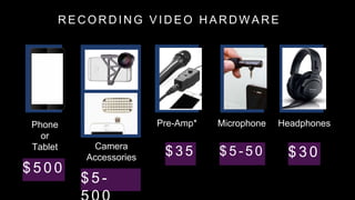 R E C O R D I N G V I D E O H A R D W A R E
Pre-Amp* Microphone Headphones
Camera
Accessories
$ 3 5 $ 5 - 5 0 $ 3 0
$ 5 0 ...