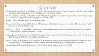 References
Alexander, K. L., Entwisle, D. R., & Kabbani, N. S. (2001). The Dropout Process in Life Course Perspective: Early Risk Factors at Home
and School. Teachers College Record, 103(5), 760-822. doi:10.1111/0161-4681.00134
Bar-Haim, Y., Dan, O., Eshel, Y., & Sagi-Schwartz, A. (2007). Predicting childrens anxiety from early attachment relationships. Journal of
Anxiety Disorders, 21(8), 1061-1068. doi:10.1016/j.janxdis.2006.10.013
Bowlby, J. (1969). Attachment and loss. New York: Basic Books.
Brumariu, L. E., & Kerns, K. A. (2008). Mother–child attachment and social anxiety symptoms in middle childhood. Journal of Applied
Developmental Psychology, 29(5), 393-402.
Egger, H. L., Costello, E. J., & Angold, A. (2003). School refusal and psychiatric disorders: A community study. Journal of the American
Academy of Child & Adolescent Psychiatry, 42, 797–807.
Casey, B. J., Jones, R. M., & Hare, T. A. (2008). The Adolescent Brain. Annals of the New York Academy of Sciences, 1124, 111–126. Heyne,
D., & Rollings, S. (2002). School refusal. Malden, MA: Blackwell.
Heyne, D., Sauter, F. M., Widenfelt, B. M., Vermeiren, R., & Westenberg, P. M. (2011). School refusal and anxiety in adolescence: Non-
randomized trial of a developmentally sensitive cognitive behavioral therapy. Journal of Anxiety Disorders, 25(7), 870-878
Heyne, D., King, N. J., Tonge, B. J., & Cooper, H. (2001). School Refusal. Paediatric Drugs,3(10), 719-732.
 