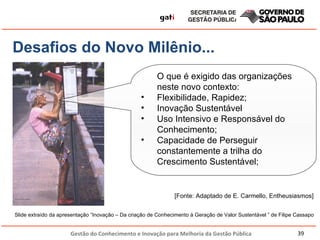 O que é exigido das organizações neste novo contexto: Flexibilidade, Rapidez; Inovação Sustentável  Uso Intensivo e Responsável do Conhecimento; Capacidade de Perseguir constantemente a trilha do Crescimento Sustentável; [Fonte: Adaptado de E. Carmello, Entheusiasmos] Desafios do Novo Milênio... Slide extraído da apresentação “Inovação – Da criação de Conhecimento à Geração de Valor Sustentável ” de Filipe Cassapo 